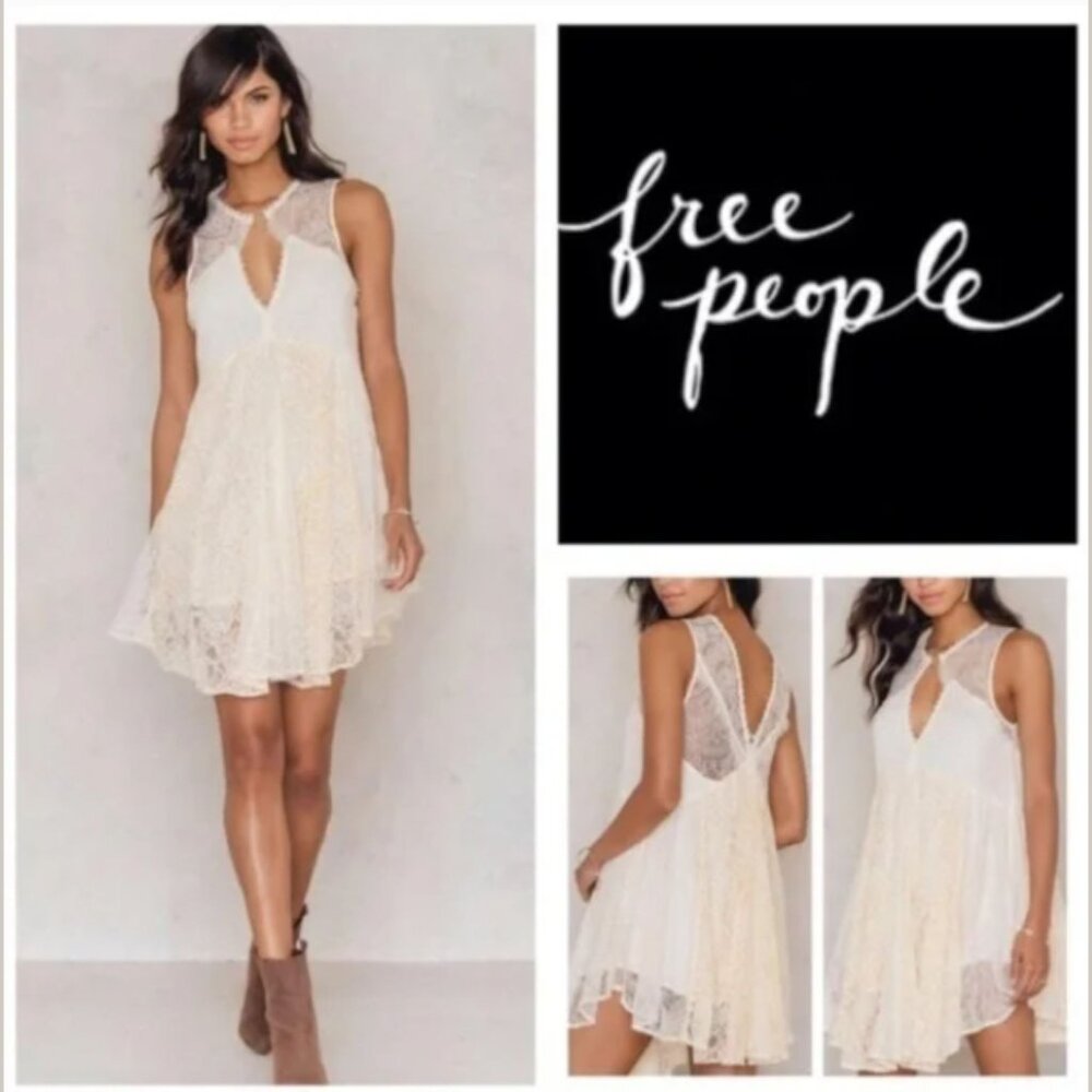 Free People Don't You Dare Cream Lace Metallic Thread Dress Prom Party Sz XS NWT